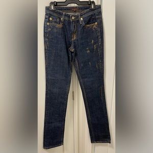 Vertigo Paris Dark Blue Slim-Fit Jeans with Splatter Style Gold Prints